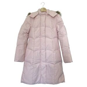 Quilted Long Puffer Coat with Fur Trimmed Removable Hood. Light Pink. Small